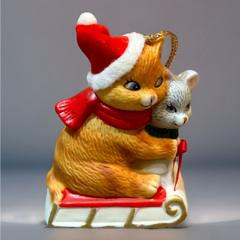 Vtg Christmas Ornament JSNY Porcelain Bisque Kitten And Puppy on Sled Bell